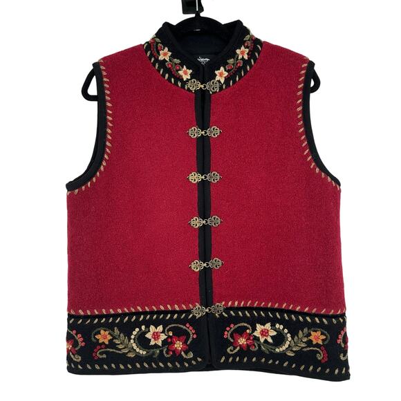 Icelandic design Women L Boiled Wool Vest Red Embroidered Scandinavian Boho - Picture 1 of 9